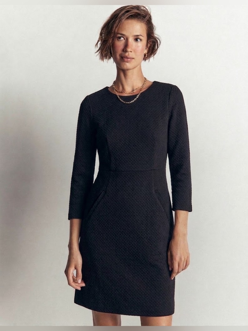 Boden Dress Black Long Sleeve Honeycomb Pattern Fitted Pockets 3/4 Sleeve | Sz 6